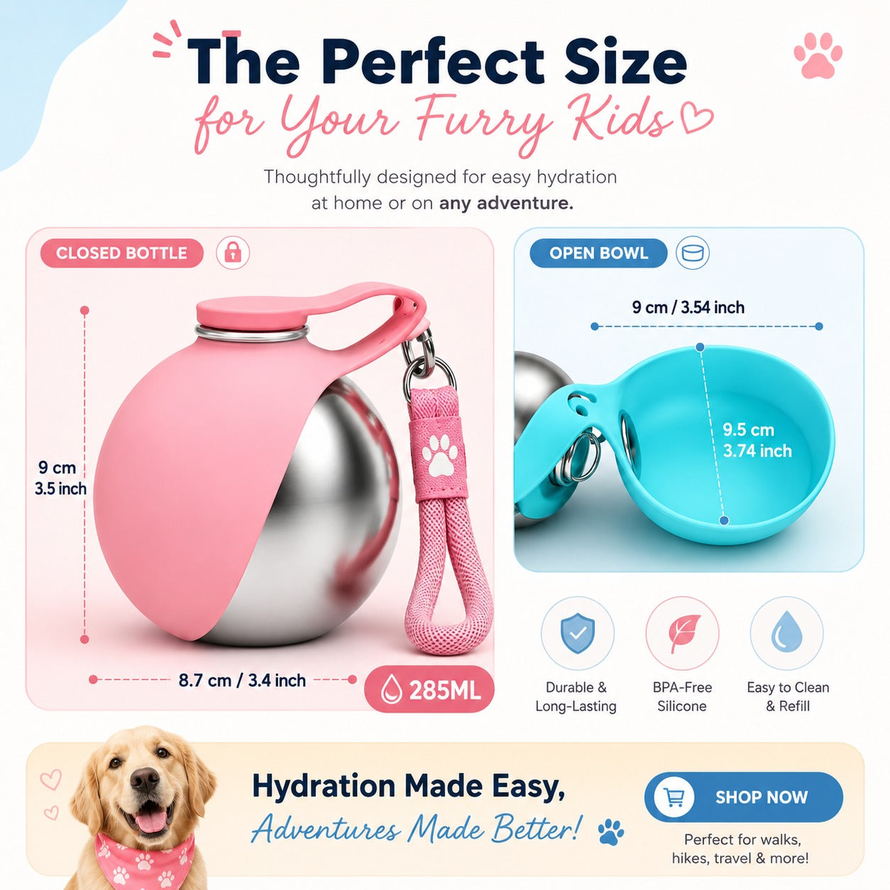 On-the-Go Dog Water Bottle | Stainless Steel | 285ml