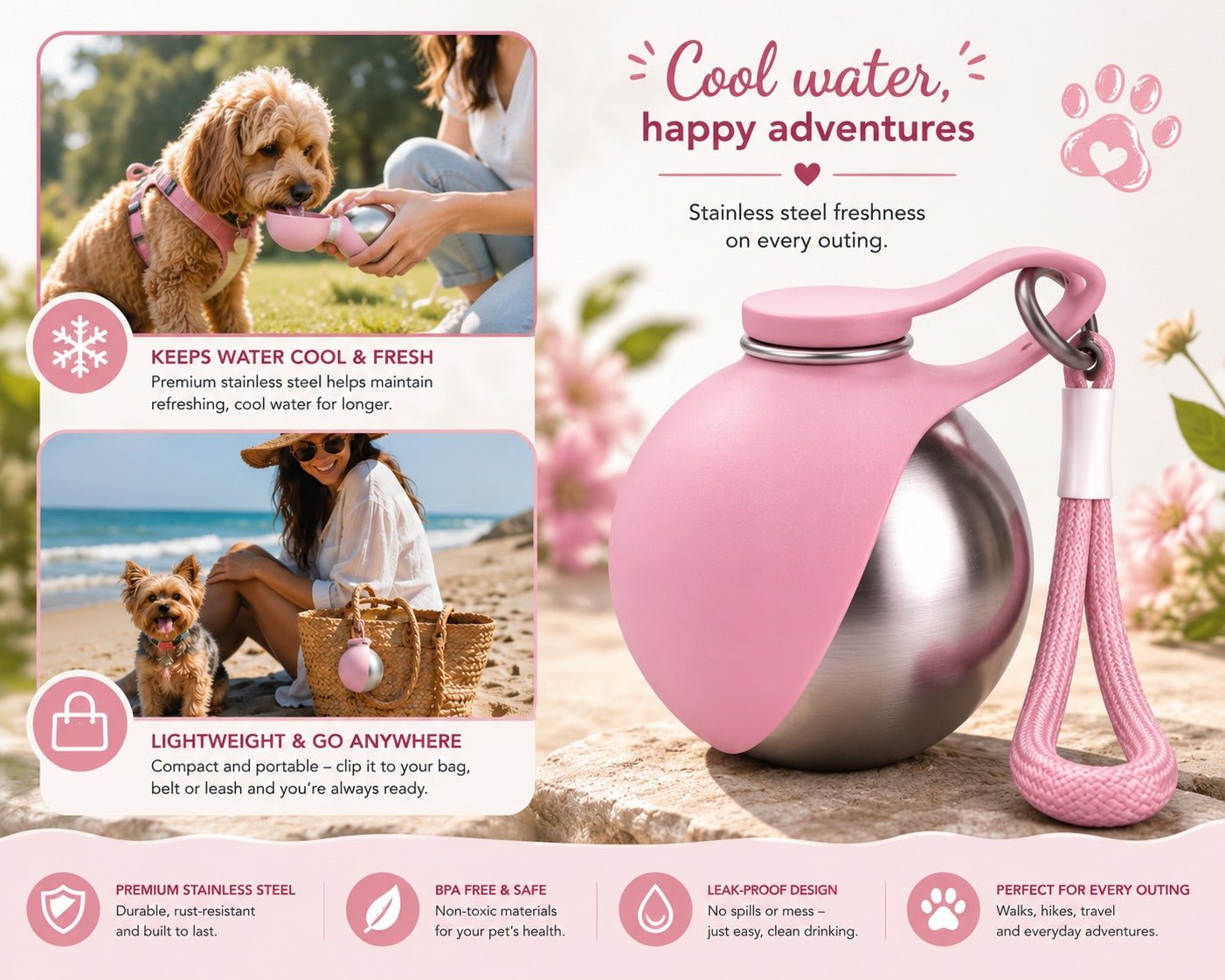 On-the-Go Dog Water Bottle | Stainless Steel | 285ml