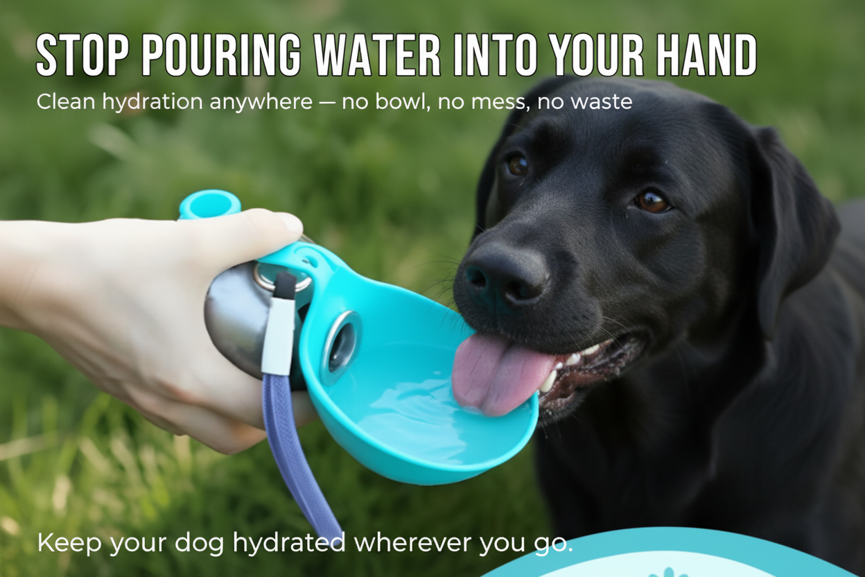 Dog Drinking from Teal Pet Water Bottle